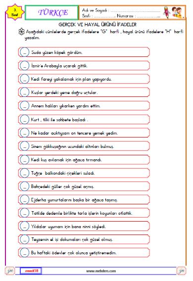 3. Sınıf Türkçe Gerçek ve Hayal Ürünü İfadeler Etkinliği